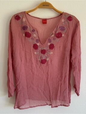 Vintage Y2K Tex Top Blouse Fairy Floral Embroidered Pink Silk Euro Whimsigoth